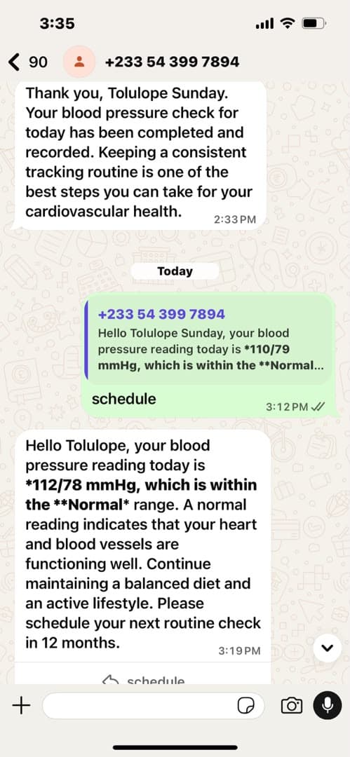 WhatsApp chat showing blood pressure result delivered to a participant